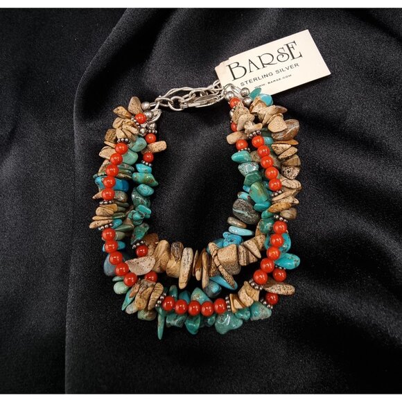 Barse 925 Sterling Silver Multi-Strand Bracelet With Turquoise & Red Coral Beads - Picture 3 of 5